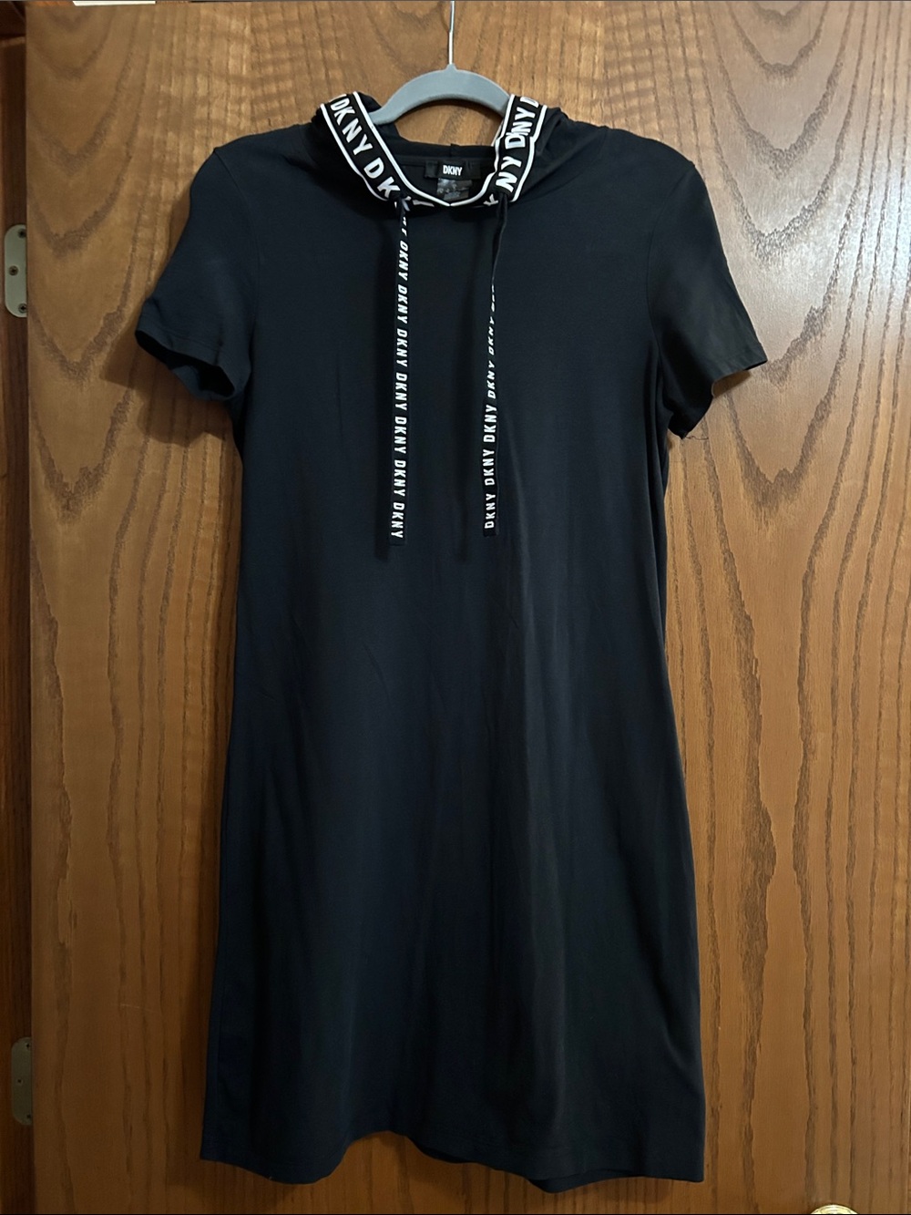 DKNY Black Short Sleeve Hoodie Dress with Logo Drawstrings